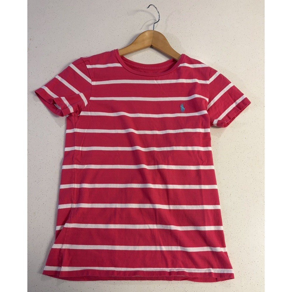 Women's Pink and White Ralph Lauren Tshirt Medium